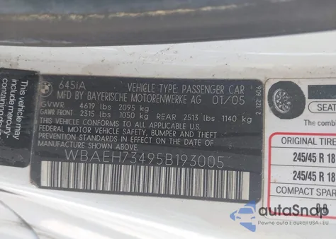 2005 BMW 645Ci from USA, damaged, VIN WBAEH73495B193005